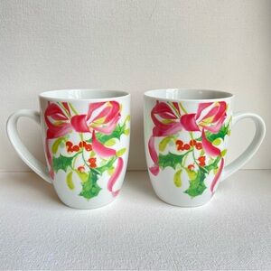 Paula Deen Christmas Wreath coffee tea mugs with holly bow in red green pink two